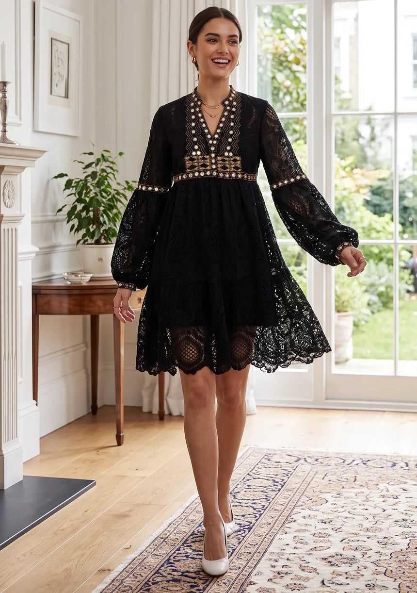 ibBan White Hand Embroidered Lace Short Dress | Luxury Women's Dress - Isobel