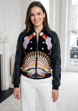 ibBan Luxury Hand Embroidered Split Leather Sleeve Bomber Collar Jacket - Broklyn