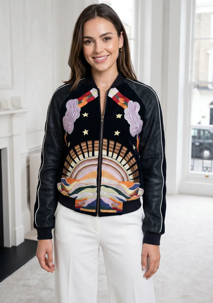 ibBan Luxury Hand Embroidered Split Leather Sleeve Bomber Collar Jacket - Broklyn