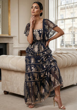 ibBan Black Hand Embroidered Cotton Lurex Winter Maxi Dress | Luxury Occasion Wear - Mavi
