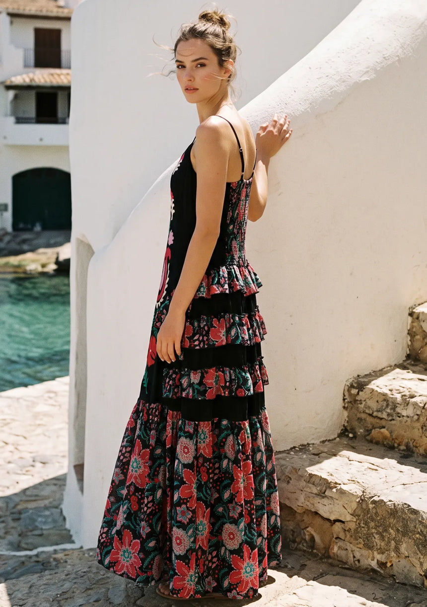ibBan Embroidered Cotton Strap Maxi Dress with Floral Print - Huwa