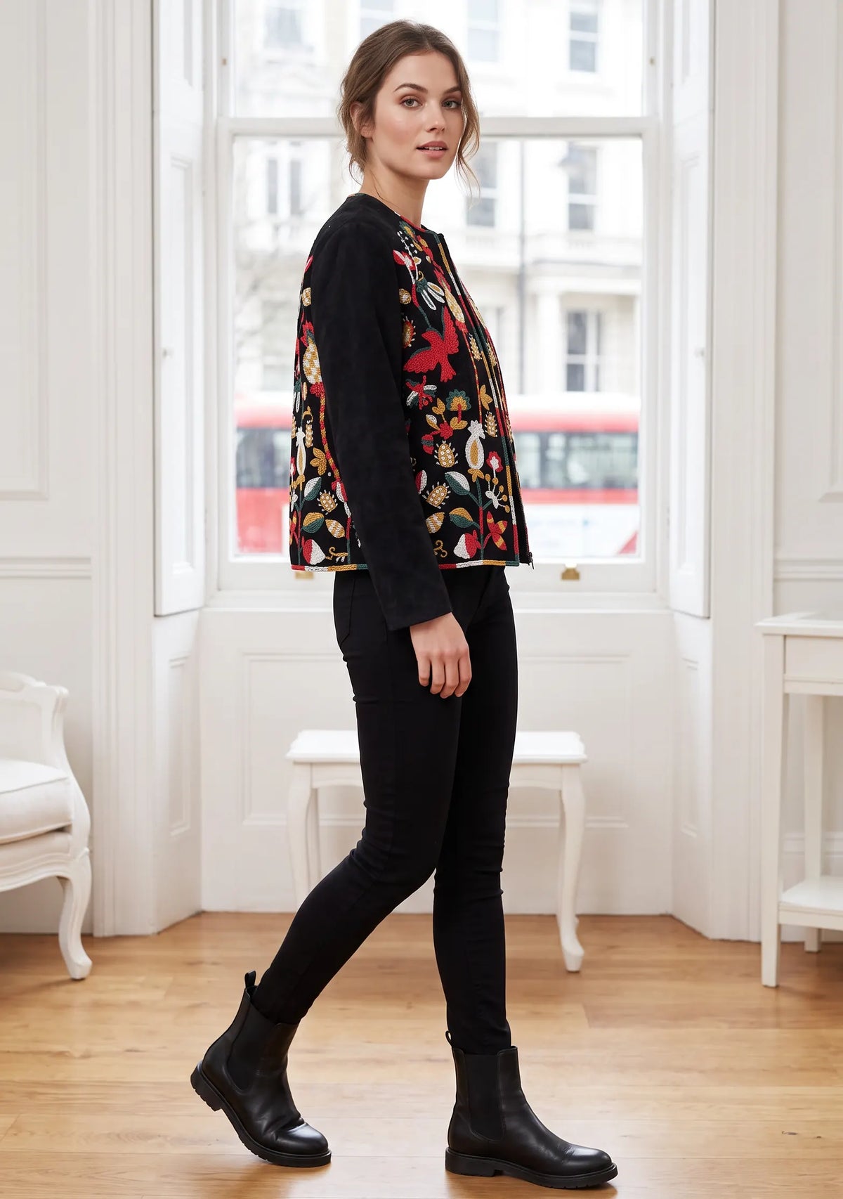 Sanya Jacket - Embroidered Faux Fur, Leather Sleeves