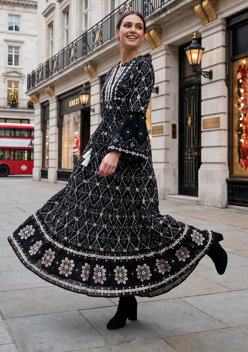 ibBan Hand Embroidered Winter Tunic Dress | Luxury Bohemian Elegance - Melida
