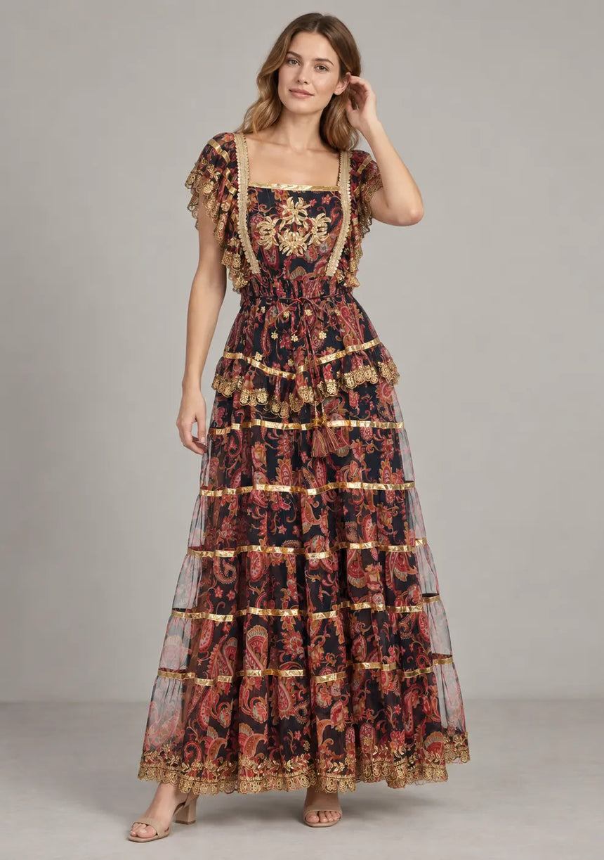 ibBan Cotton Georgette  Floral Tiered Long Dress - Huma