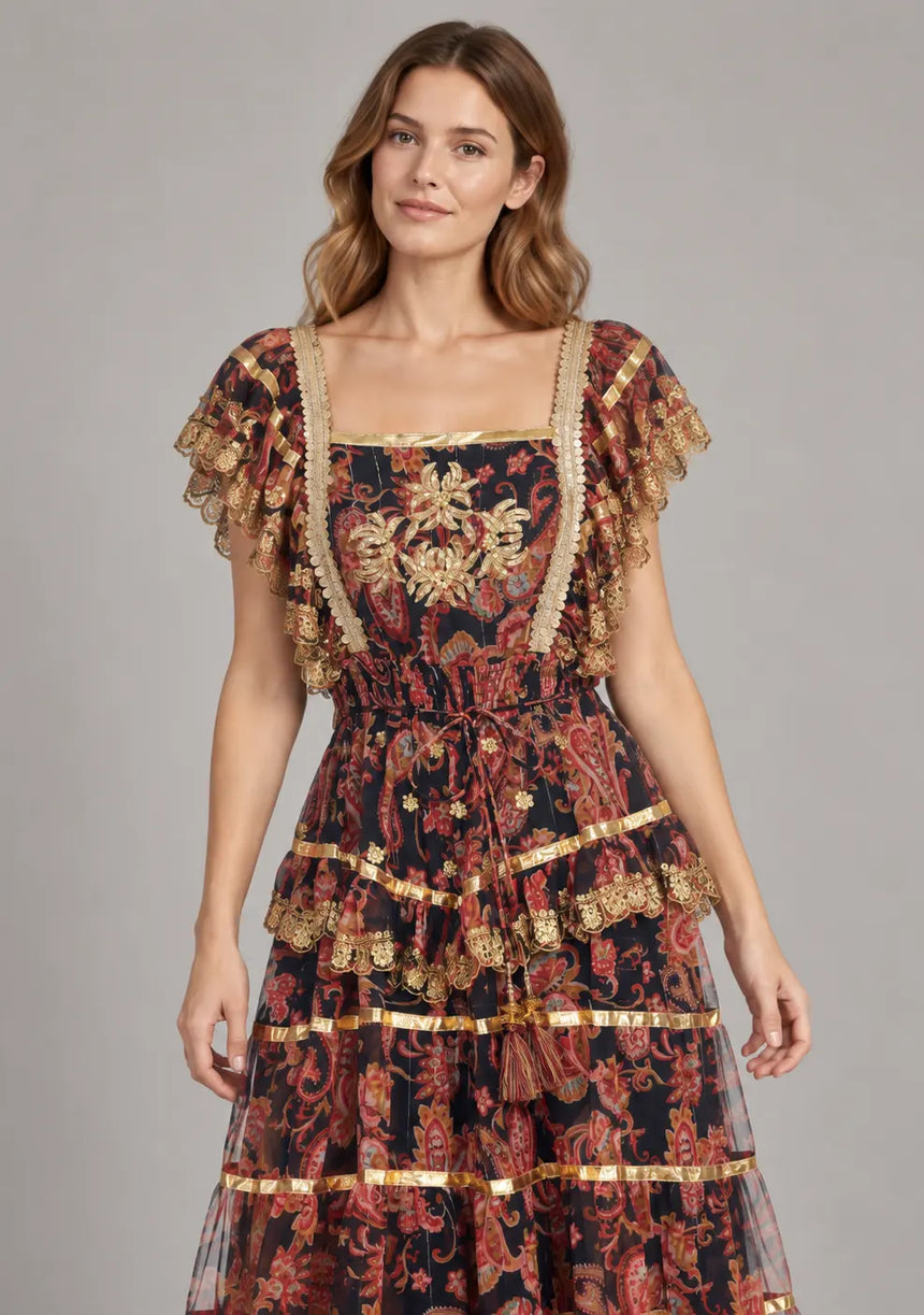 ibBan Cotton Georgette  Floral Tiered Long Dress - Huma