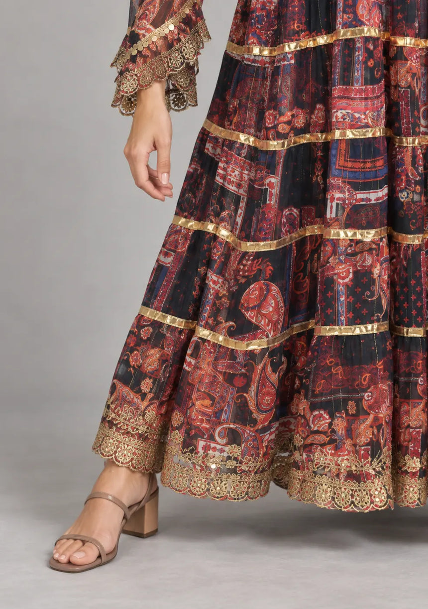 ibBan Cotton Georgette  Floral Tiered Long Dress - Huma