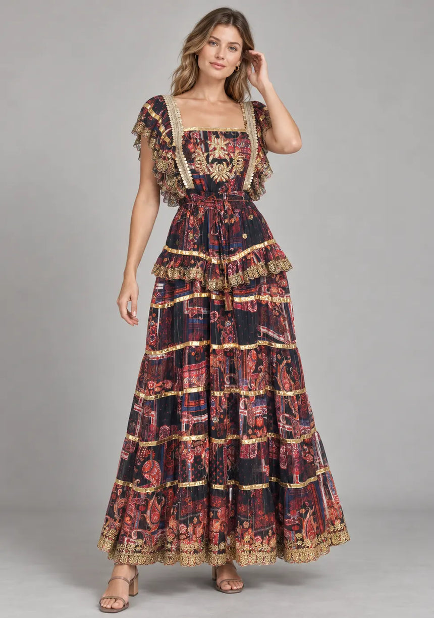 ibBan Cotton Georgette  Floral Tiered Long Dress - Huma