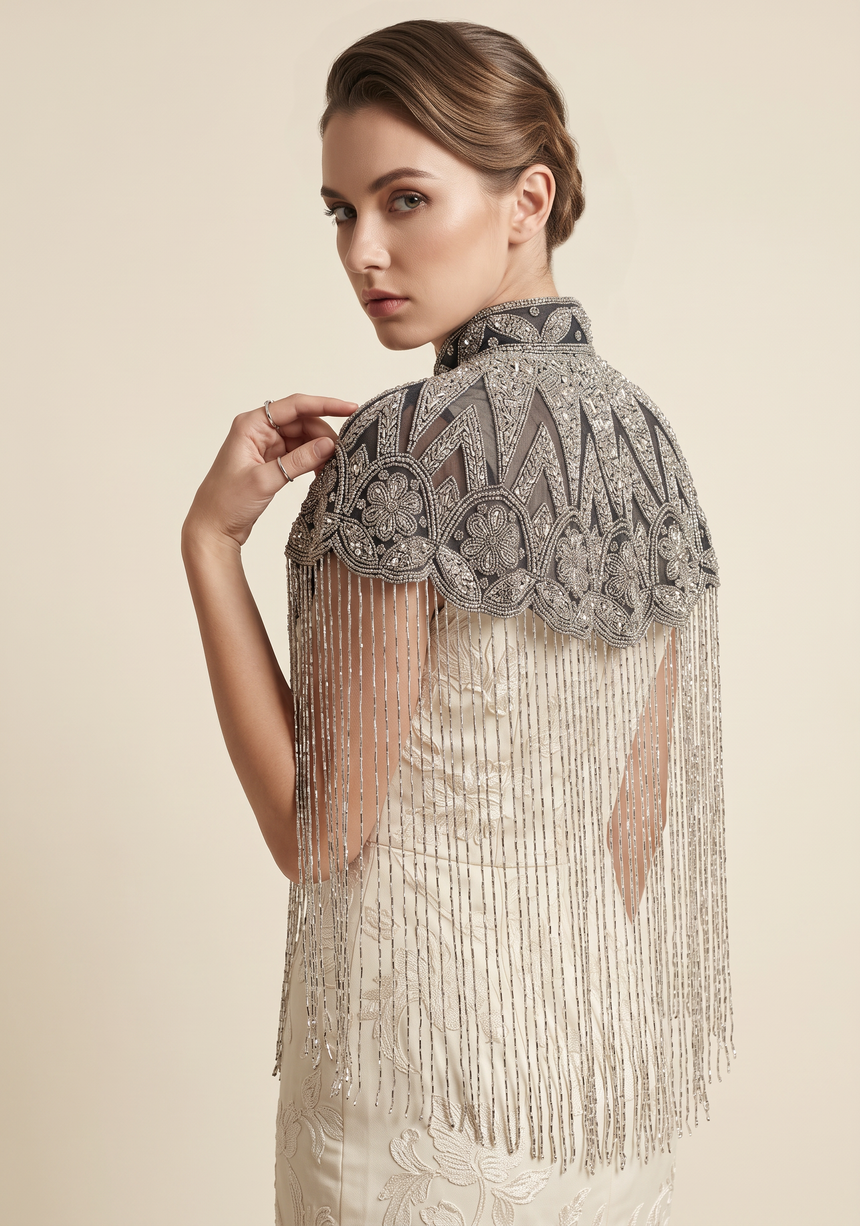 ibBan Silver & Gold Beaded Net Neck Party Cape - Lulwa