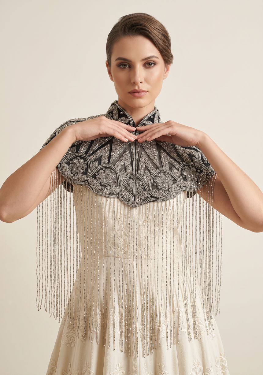 ibBan Silver & Gold Beaded Net Neck Party Cape - Lulwa