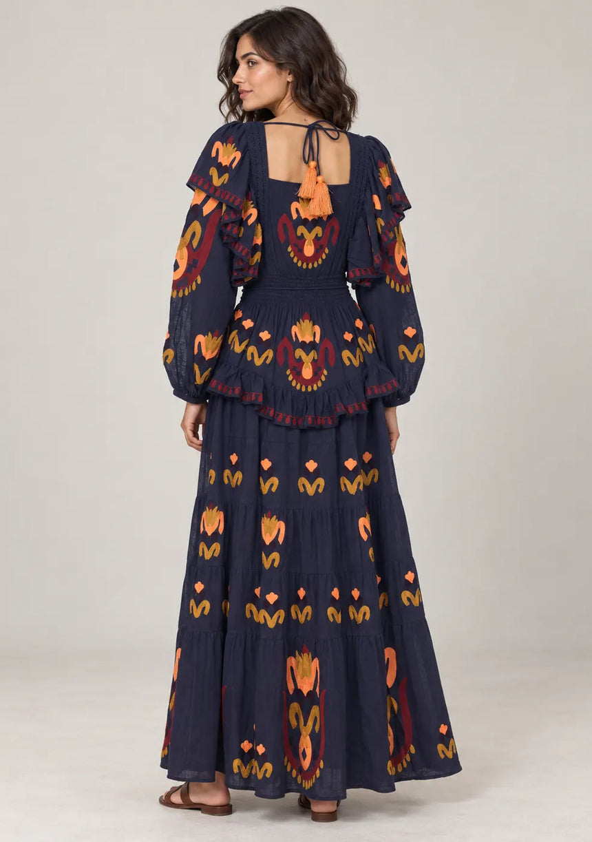 ibBan Printed Cotton Long Dress with Ruffle - Sona