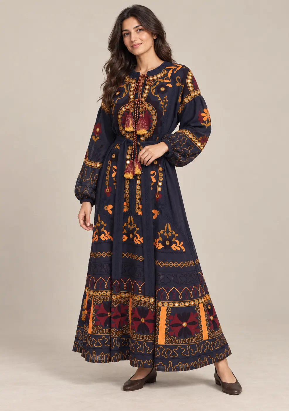 ibBanEmbroidered Cotton Maxi Dress with Tassel Tie - Hami