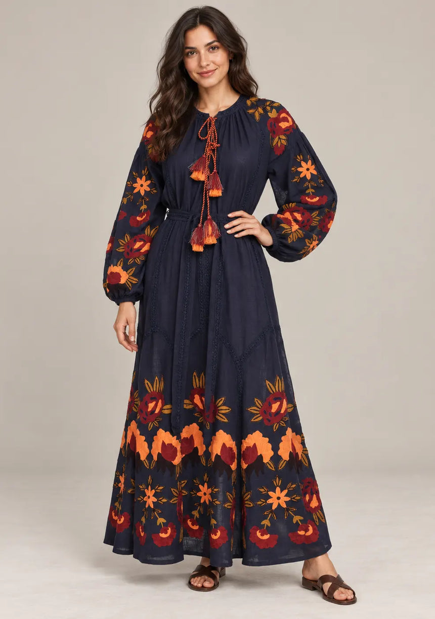 ibBan Floral Embroidered Cotton Maxi Dress with Tassel Tie - Gypsy