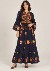 ibBan Embroidered Cotton Long Tunic Dress with Tassel Tie - Sara