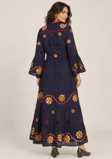 ibBan Embroidered Cotton Long Tunic Dress with Tassel Tie - Sara