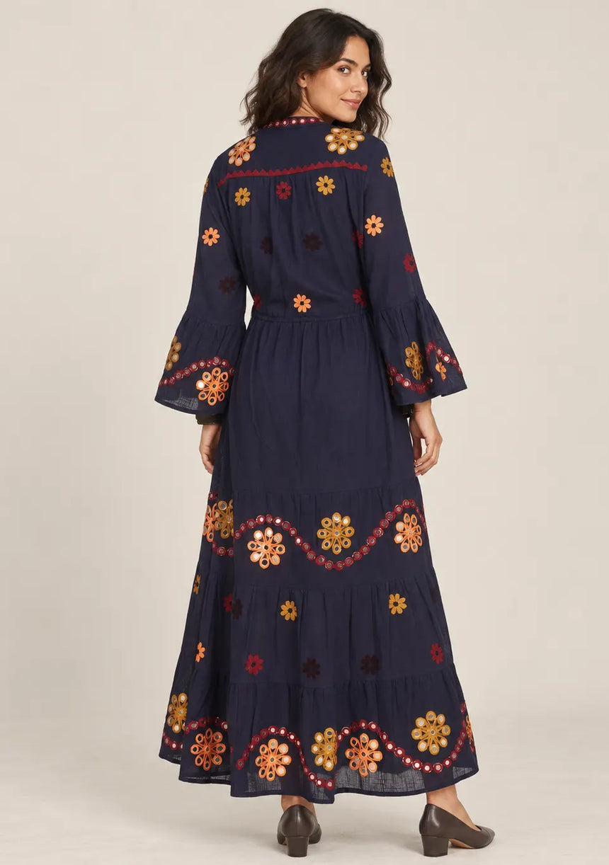 ibBan Embroidered Cotton Long Tunic Dress with Tassel Tie - Sara