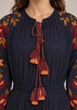 ibBan Floral Embroidered Cotton Maxi Dress with Tassel Tie - Gypsy