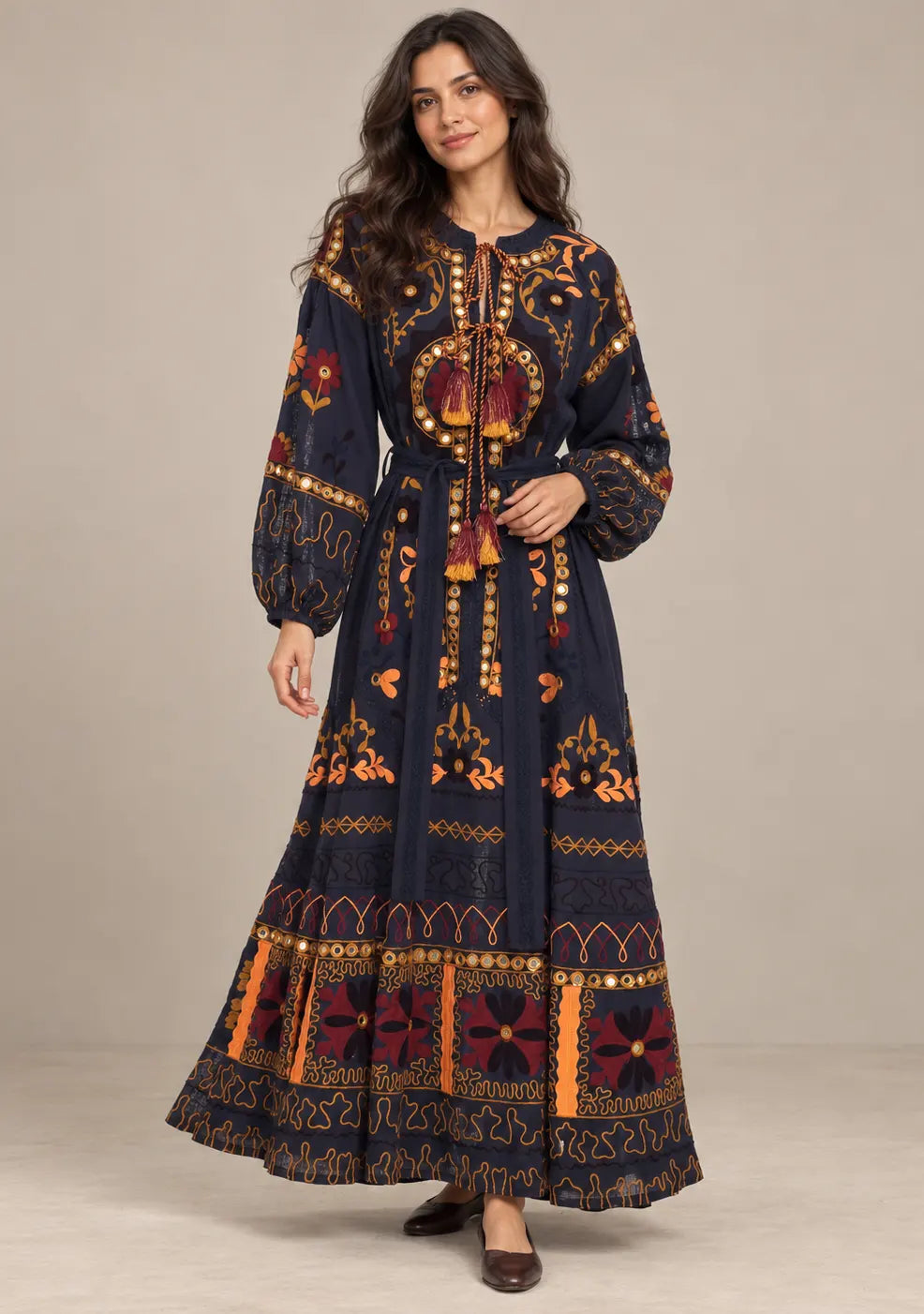 ibBanEmbroidered Cotton Maxi Dress with Tassel Tie - Hami