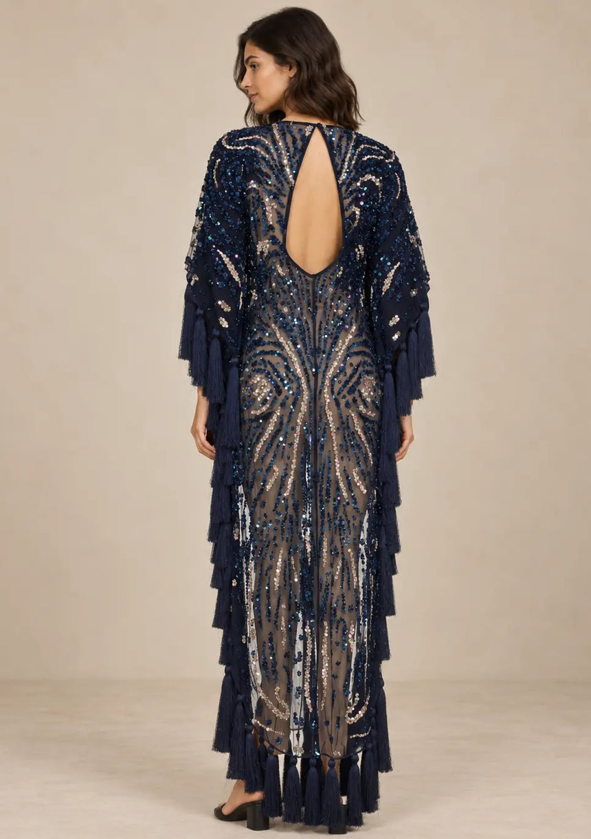 Women’s Kaftan Dress with Hand Beadwork & Tassel Fringe -Emlia