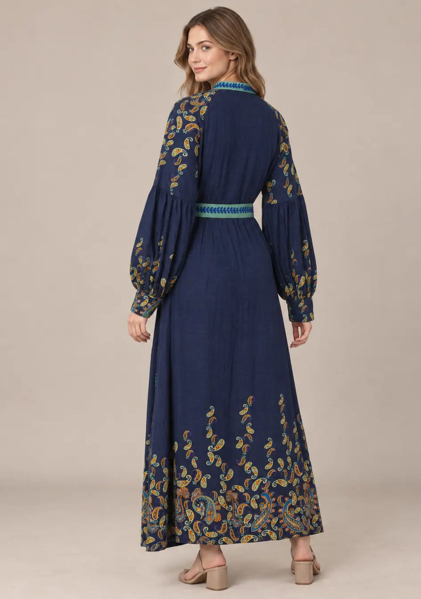 ibBan Cotton Long Dress with Contrast Waist Belt -Minja