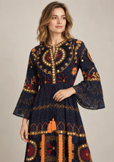 ibBan Embroidered Cotton Long Tunic with Tassel Tie - Hami