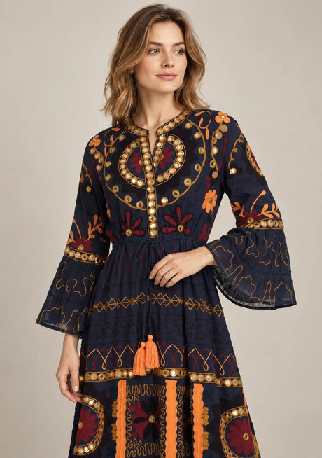 ibBan Embroidered Cotton Long Tunic with Tassel Tie - Hami