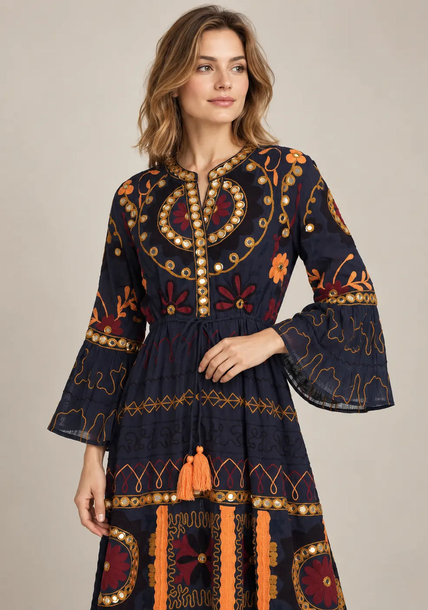 ibBan Embroidered Cotton Long Tunic with Tassel Tie - Hami