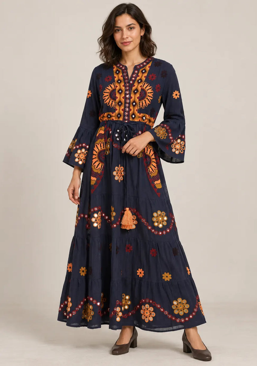 ibBan Embroidered Cotton Long Tunic Dress with Tassel Tie - Sara