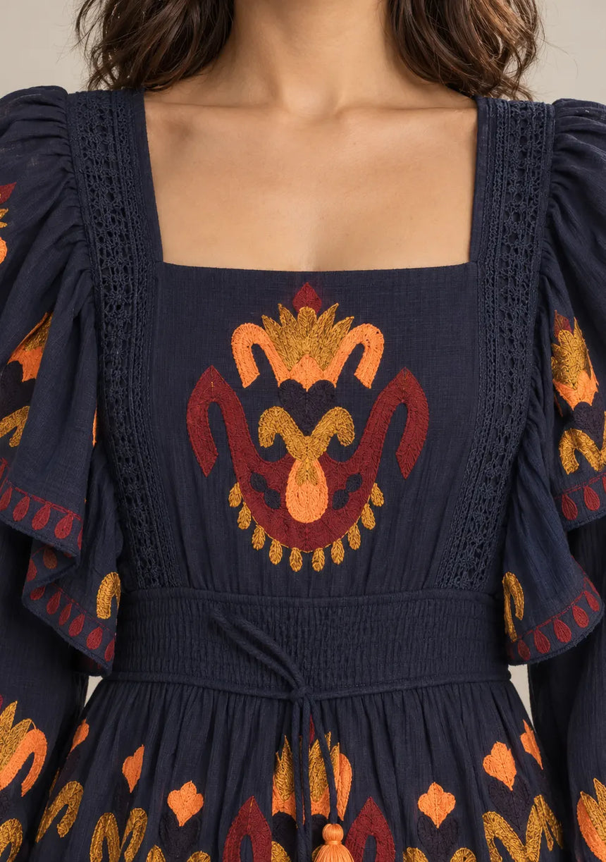 ibBan Printed Cotton Long Dress with Ruffle - Sona