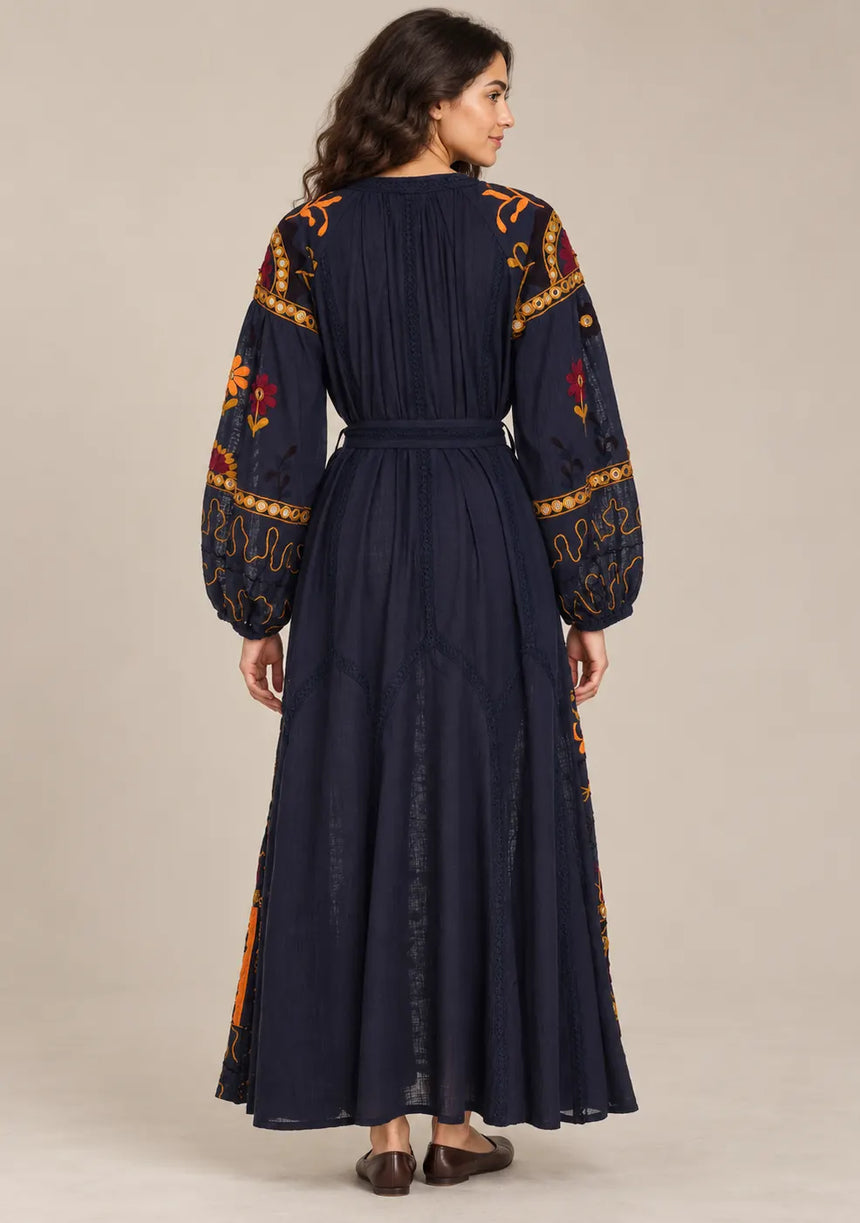 ibBanEmbroidered Cotton Maxi Dress with Tassel Tie - Hami