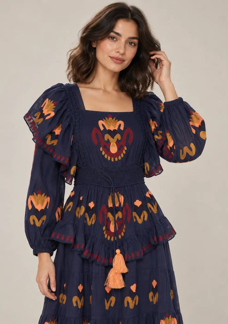 ibBan Printed Cotton Long Dress with Ruffle - Sona