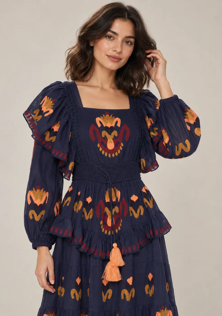 ibBan Printed Cotton Long Dress with Ruffle - Sona