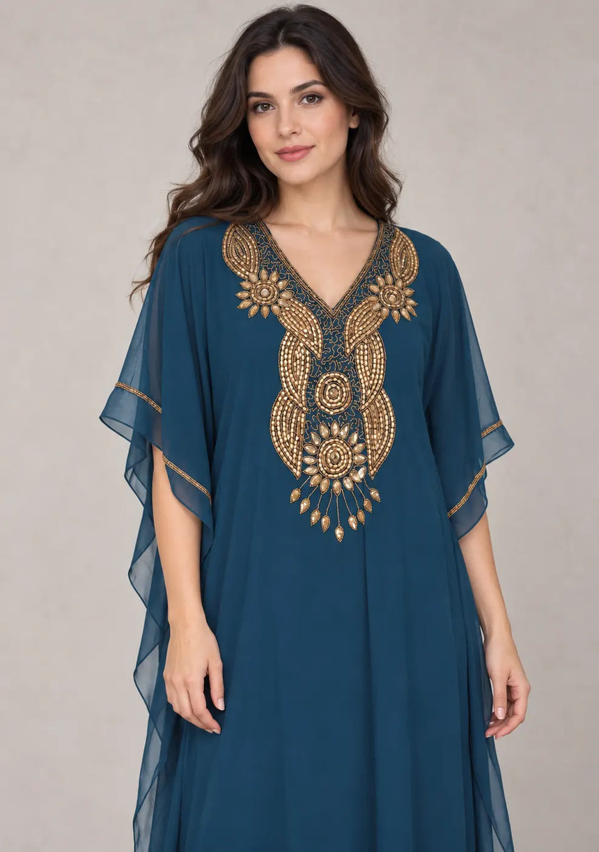 ibBan Women’s Hand Embroidered Georgette Kaftan Dress -Zarnish