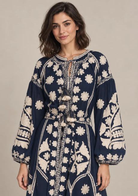 ibBan Floral Print Cotton Maxi Dress with Tassel Tie - Ayat