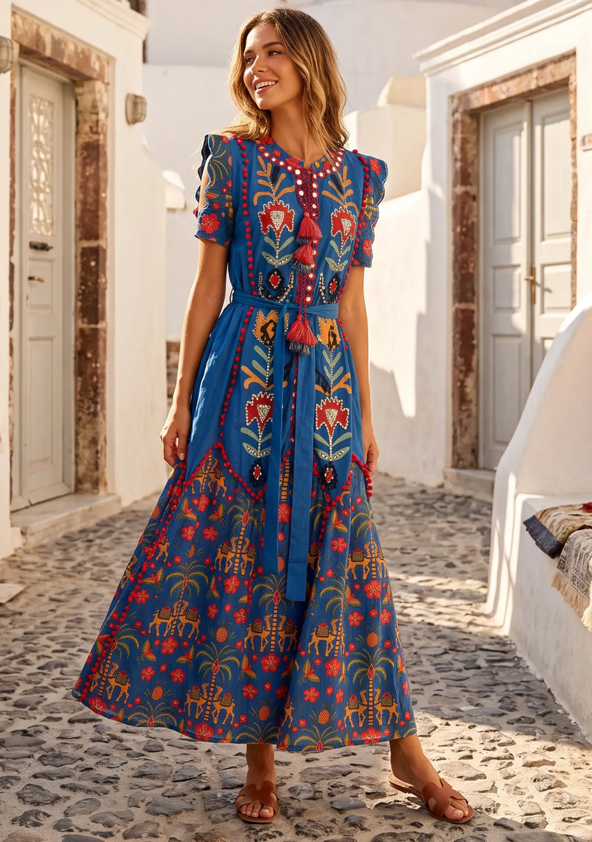 ibBan Hand-Embroidered Cotton Long Dress with Elephant Print - Yamna