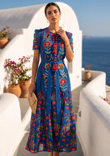 ibBan Hand-Embroidered Cotton Long Dress with Elephant Print - Yamna