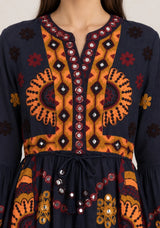 ibBan Embroidered Cotton Long Tunic Dress with Tassel Tie - Sara