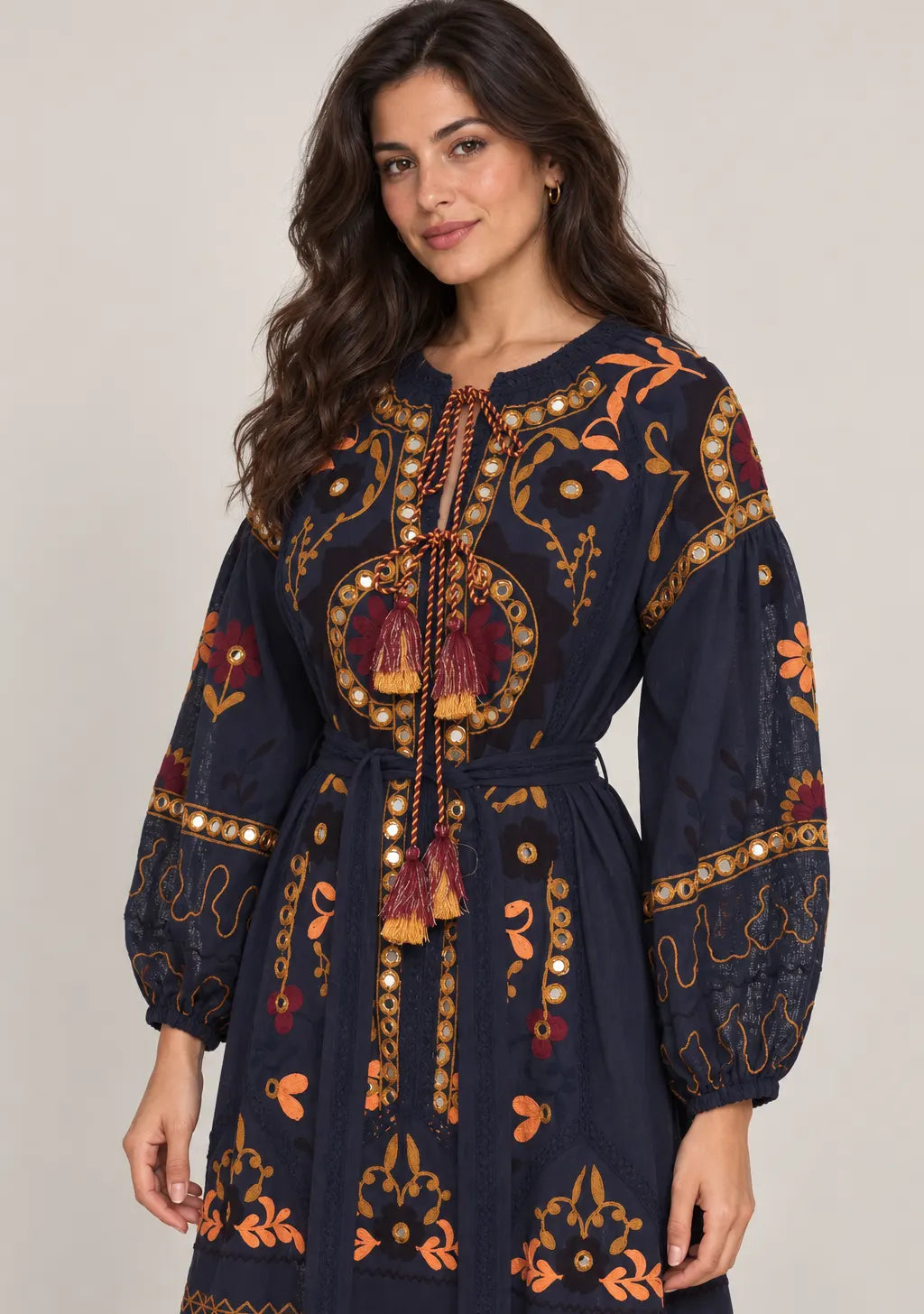 ibBanEmbroidered Cotton Maxi Dress with Tassel Tie - Hami