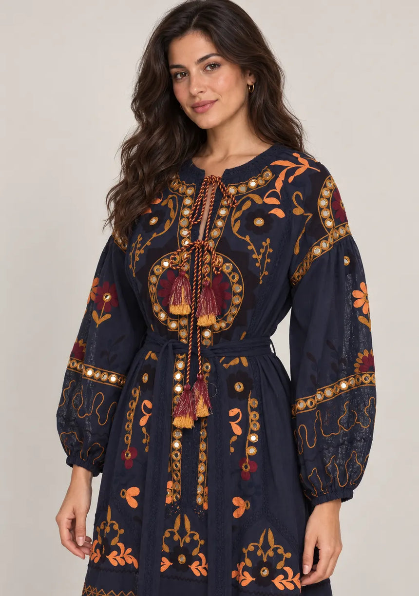 ibBanEmbroidered Cotton Maxi Dress with Tassel Tie - Hami