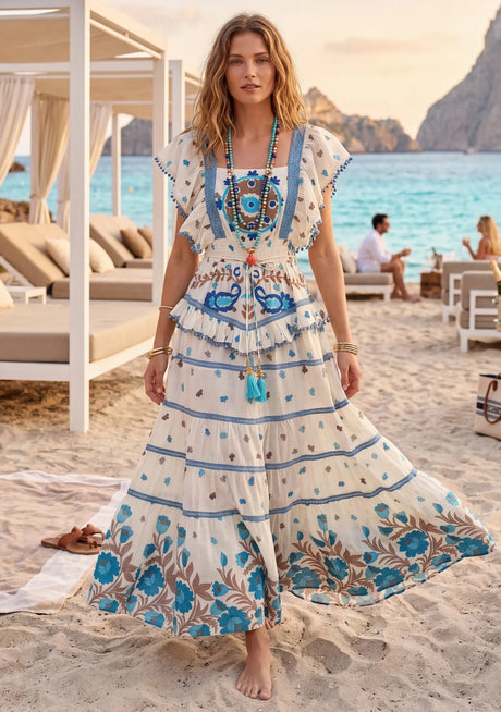 Robe longue en coton à col bénitier pour femme - Nomsa