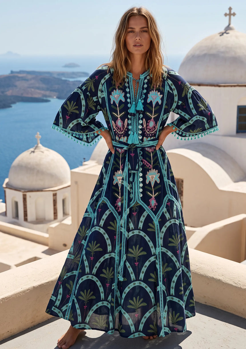 ibBan Hand-Embroidered Cotton Long Dress with Palm Print - Nashwa