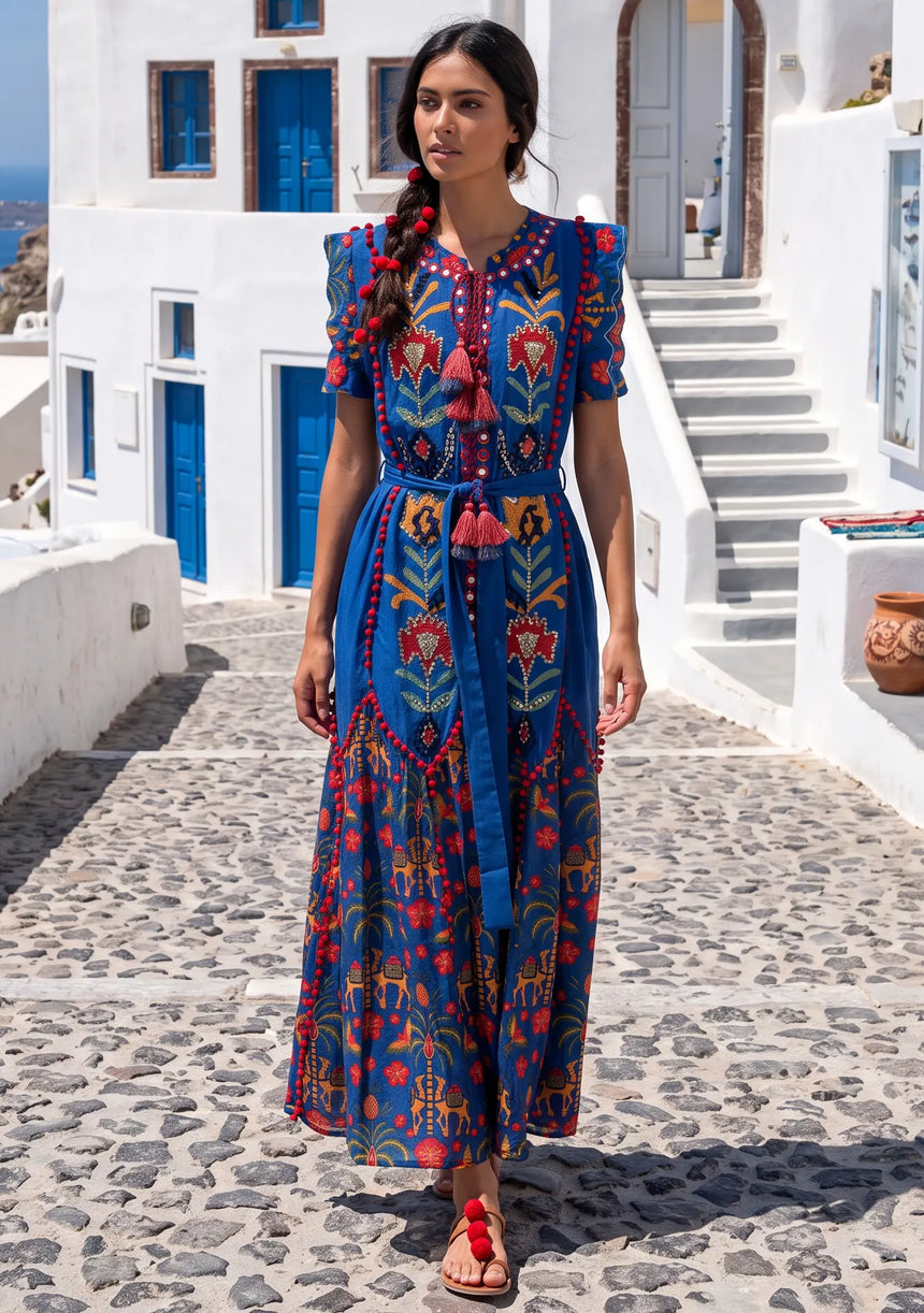 ibBan Hand-Embroidered Cotton Long Dress with Elephant Print - Yamna