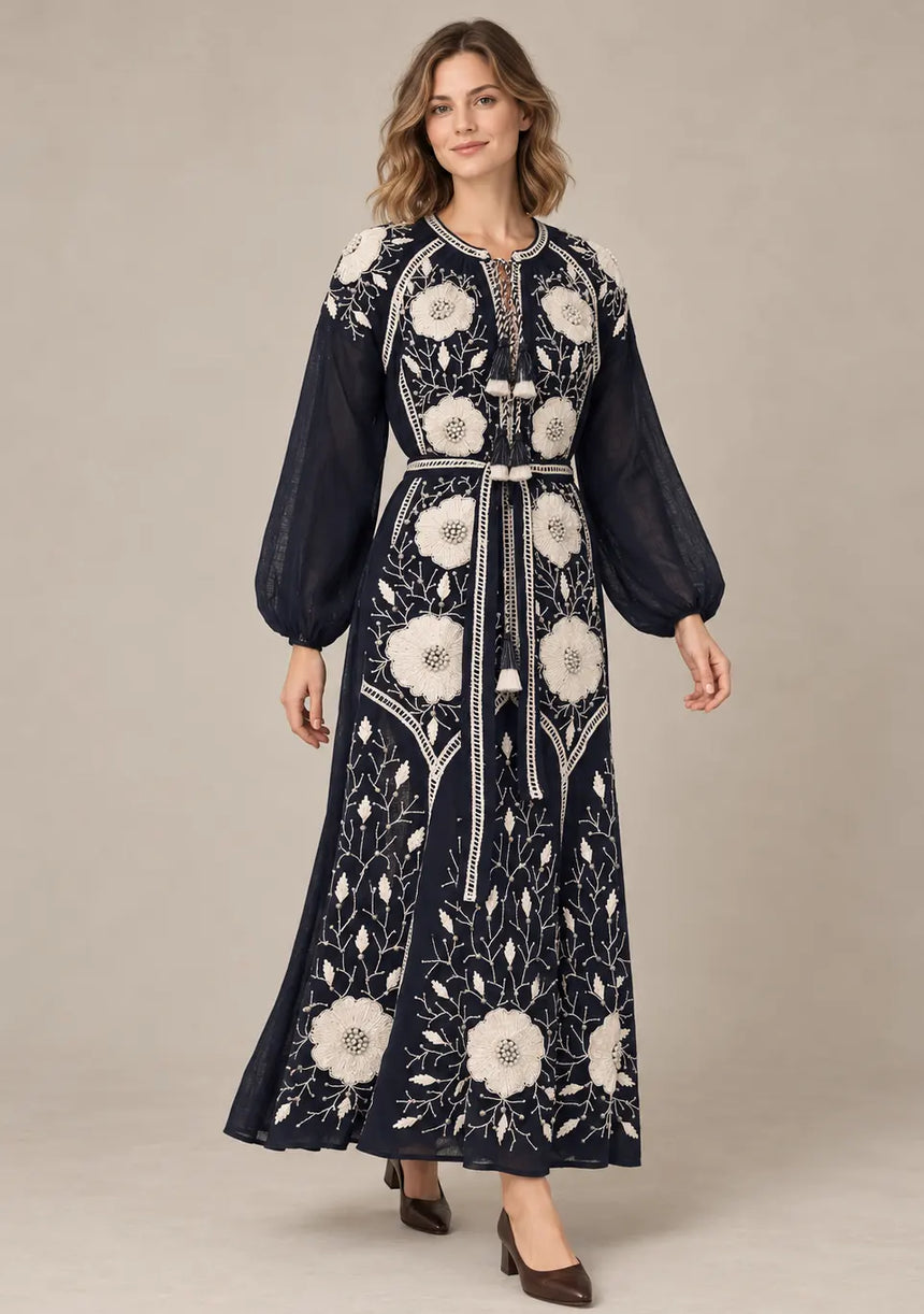 ibBan Floral Embroidered Cotton Long Dress - Johri