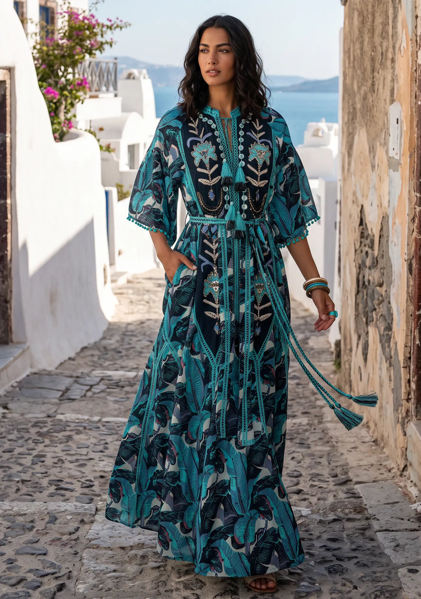 ibBan Embroidered Boho Cotton Maxi Dress with Tassel Tie - Fabiza
