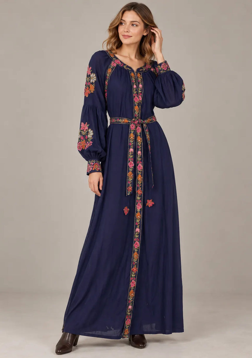 ibBan Floral Cotton Long Dress wint Hand Embroidery - Zayra