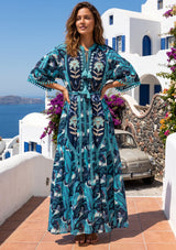 ibBan Embroidered Boho Cotton Maxi Dress with Tassel Tie - Fabiza