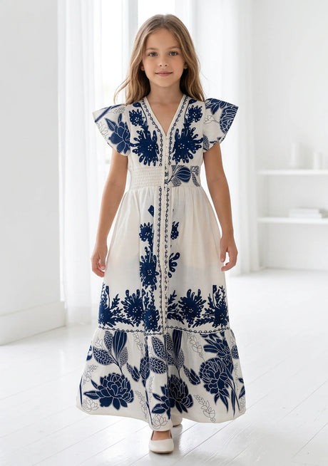 Girls' Printed Cotton dress V-Neck - Yamira