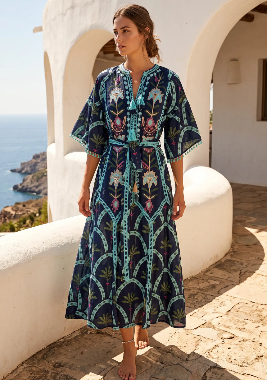 ibBan Hand-Embroidered Cotton Long Dress with Palm Print - Nashwa