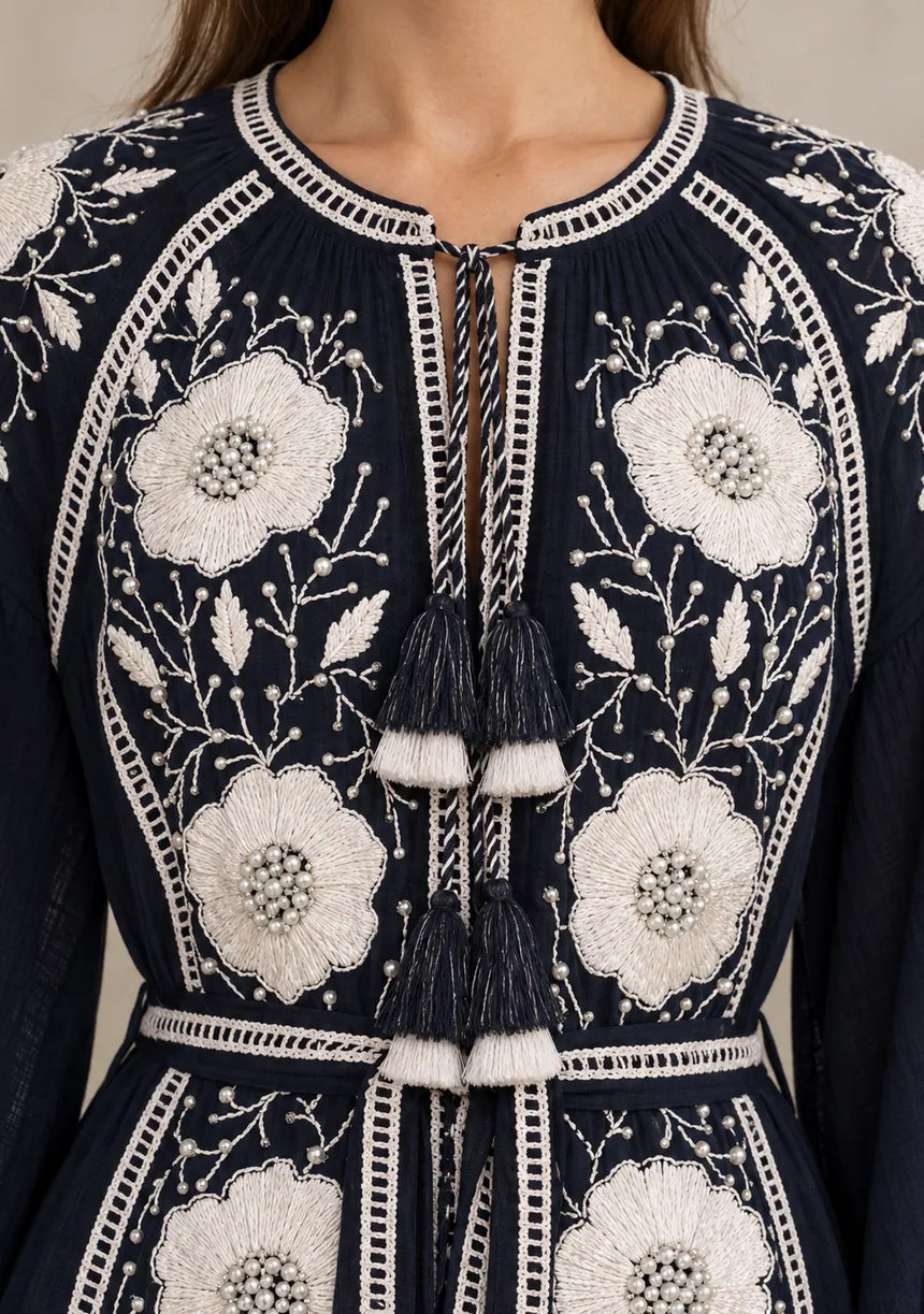 ibBan Floral Embroidered Cotton Long Dress - Johri