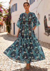 ibBan Embroidered Boho Cotton Maxi Dress with Tassel Tie - Fabiza