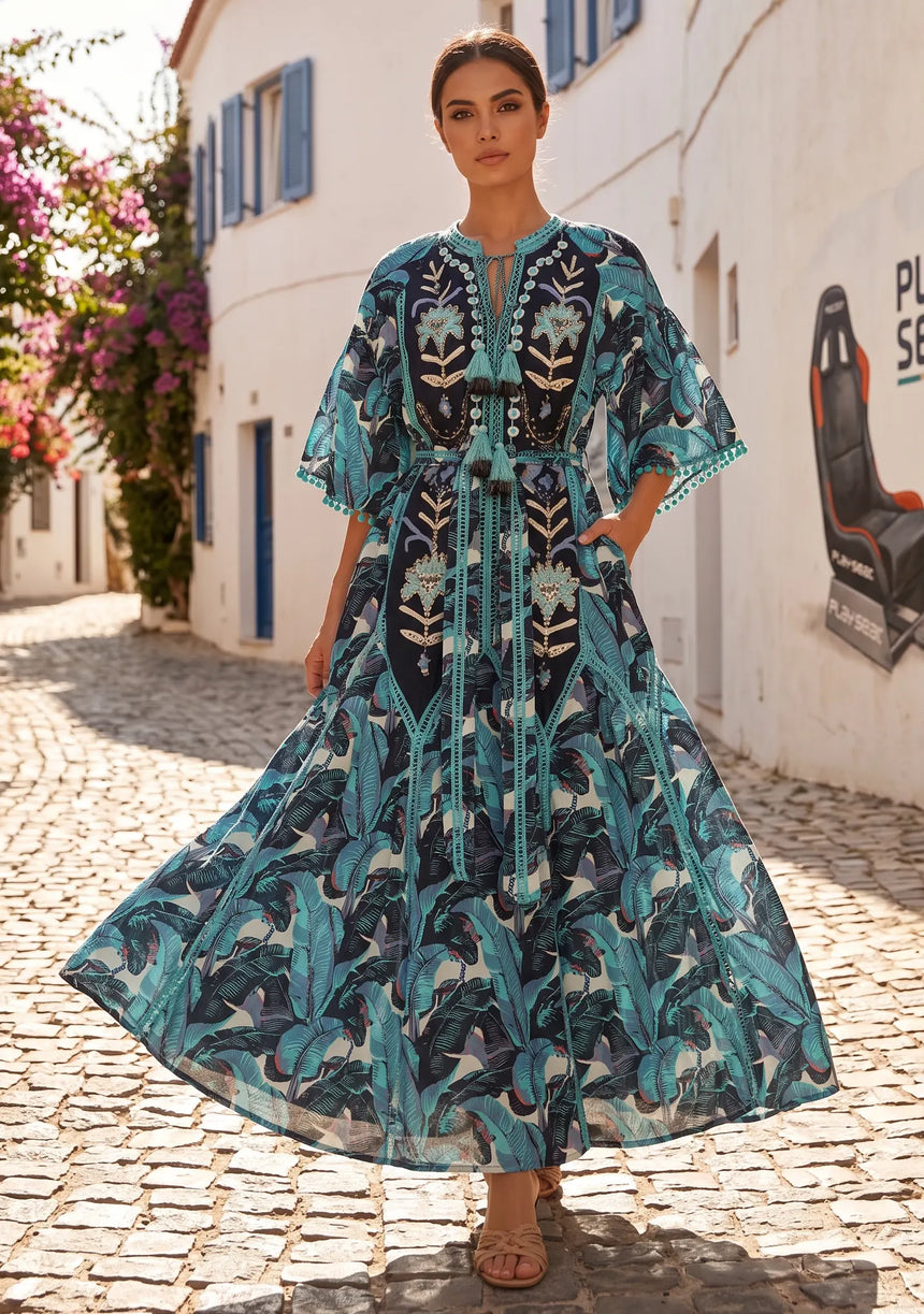 ibBan Embroidered Boho Cotton Maxi Dress with Tassel Tie - Fabiza